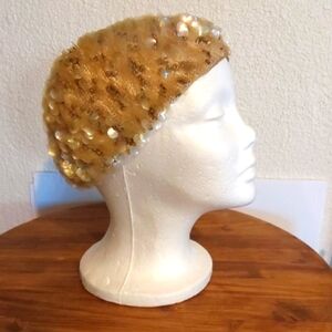 Vintage Beige Gold Sequin Women's Cap/Hat Stretch Beret Italy 1960's